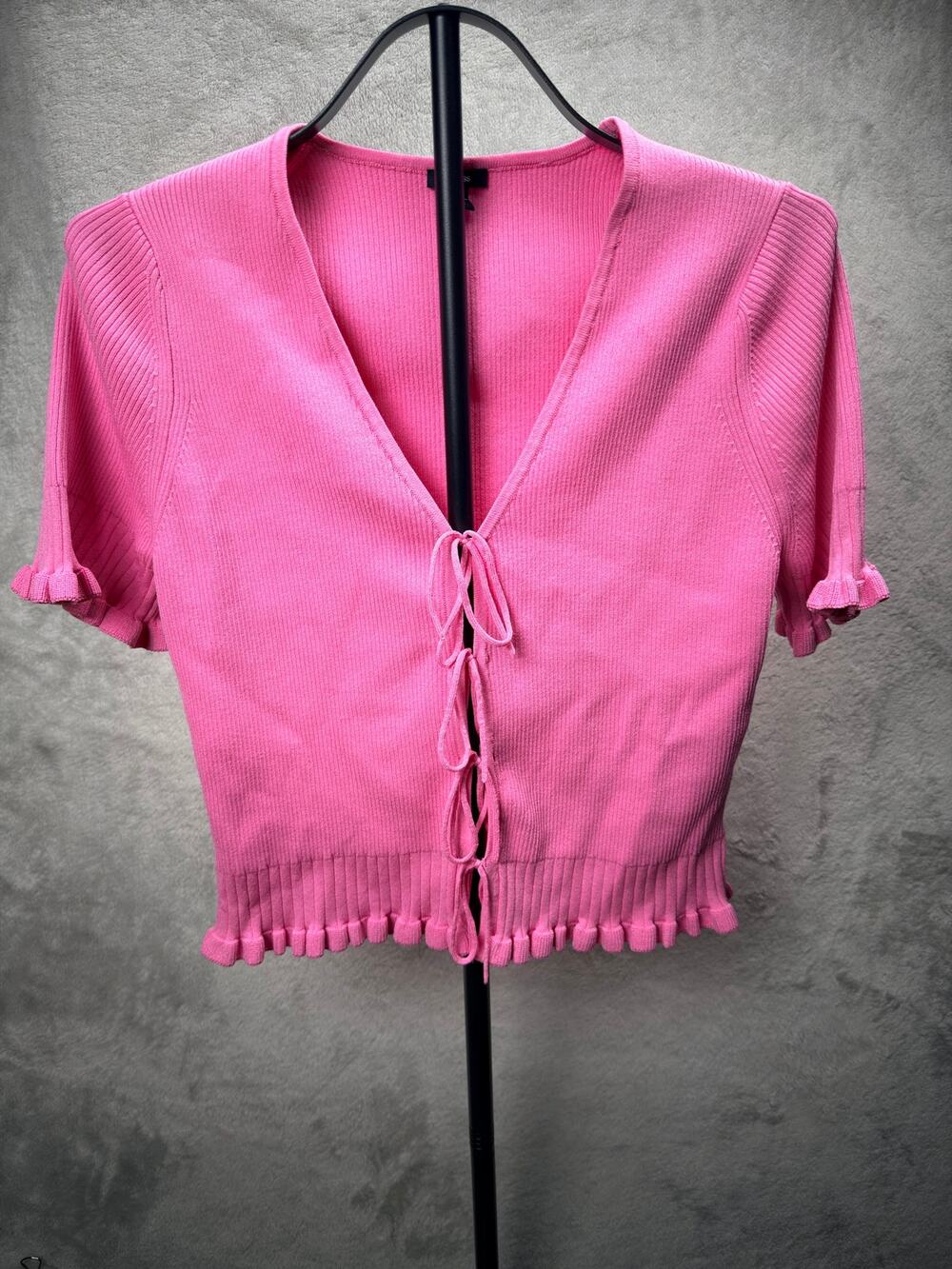 Express Women’s Large Pink Ribbed Tie Front Crop Top Ruffle Trim Short Sleeve